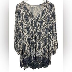 Rose & Olive Boho Paisley 1/4 Button Blouse Long Sleeve Artsy Eclectic Blue 2X
